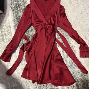 SHEIN Deep Red Satin Long Sleeve Dress